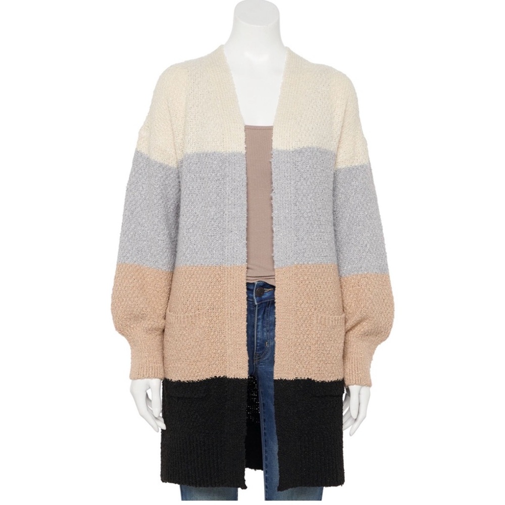 SO Striped Open Front Cardigan in Cream, Gray, and Black